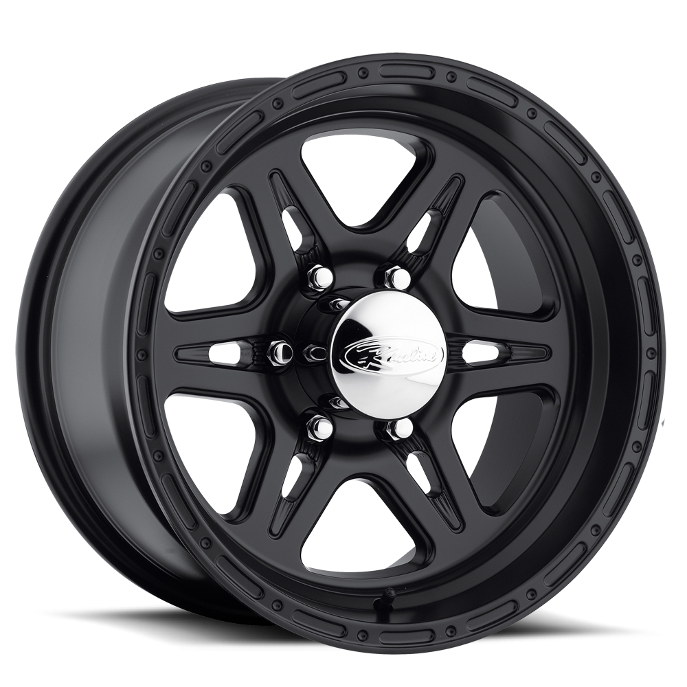 Black Renegade wheel with a polished center and intricate spoke design, ideal for trucks and offroad vehicles.