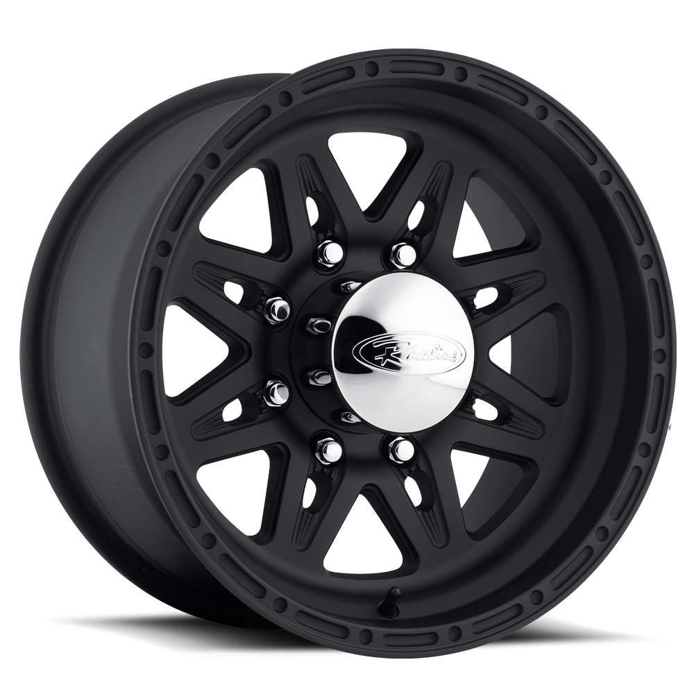 Black Renegade wheel with a sleek design and polished center cap, ideal for trucks and offroad vehicles.
