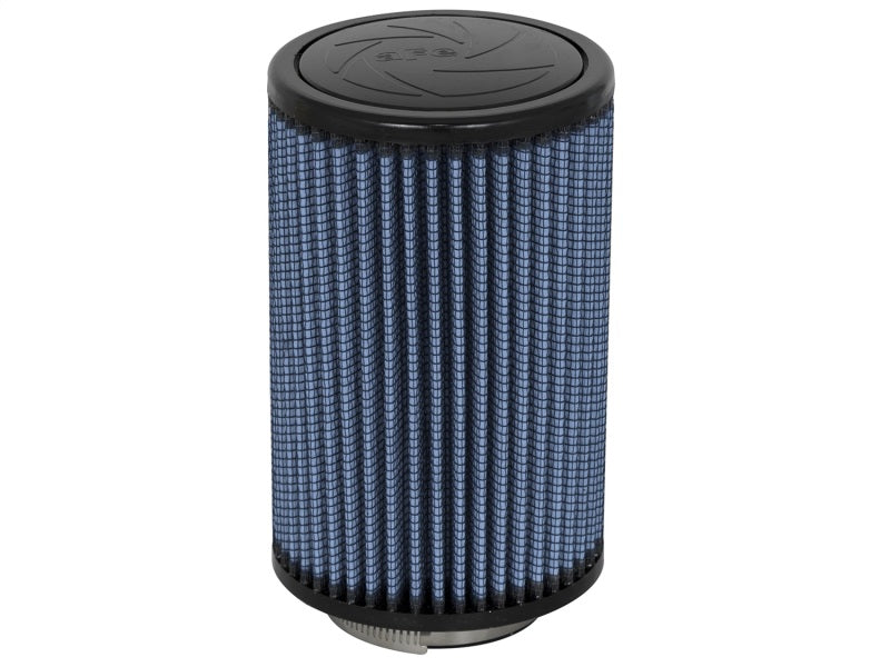 aFe MagnumFLOW Air Filter featuring a cylindrical design with a blue mesh exterior, measuring 2-7/16 inches wide and 7 inches tall.