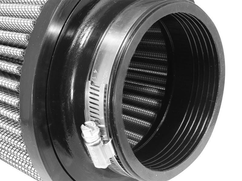 aFe MagnumFLOW Air Filter featuring a cylindrical design with a mesh filter element and a secure mounting clamp.
