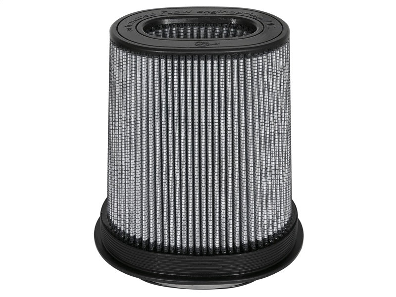 aFe Magnum FLOW Pro DRY S replacement air filter featuring a cylindrical design with a pleated filter element for enhanced airflow.