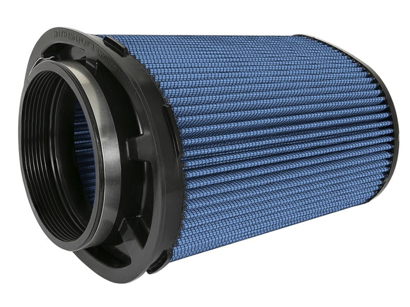 aFe Magnum FLOW Pro 5R universal clamp-on air filter with a blue mesh design, measuring 5 inches in diameter and 9 inches in height.