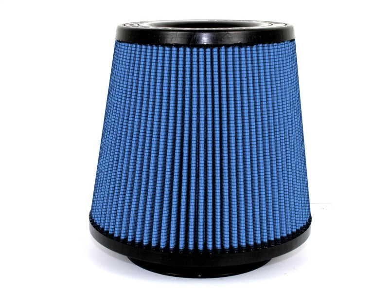 aFe MagnumFLOW Air Filter with a blue pleated design, featuring a cylindrical shape for enhanced airflow and performance.