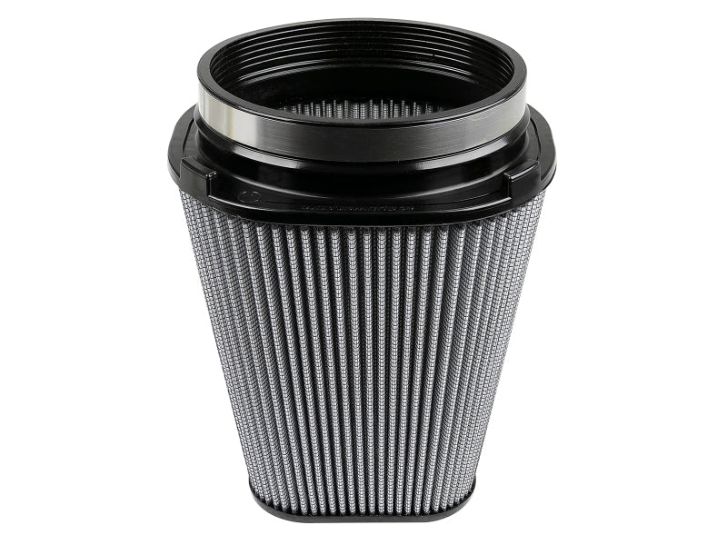 aFe MagnumFLOW Pro Dry S Air Filter in carbon, featuring a cylindrical design with pleated filtration for enhanced airflow.