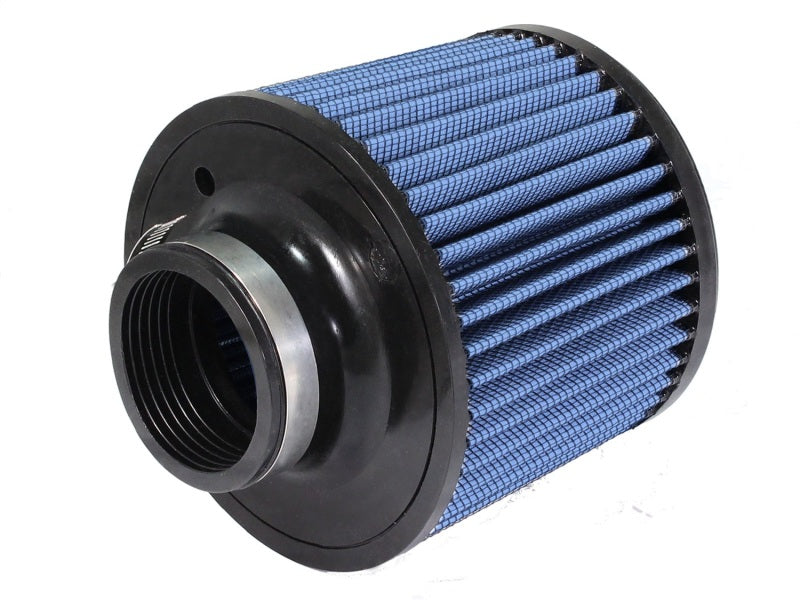 aFe MagnumFLOW Air Filter with a blue mesh design, featuring a 2-1/2 inch inlet and 5-1/2 inch height for enhanced airflow.