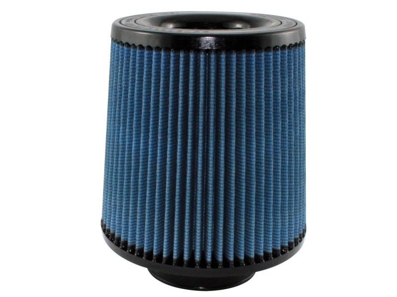 aFe MagnumFLOW Air Filter with a cylindrical design and blue pleated fabric for improved airflow and engine performance.