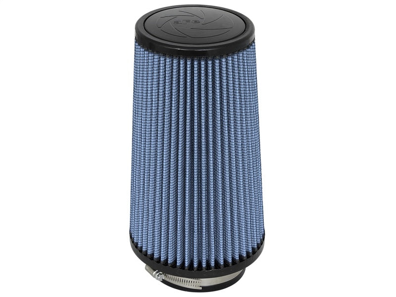 aFe MagnumFLOW Air Filter with a blue pleated design, measuring 4 inches wide and 10 inches tall, for improved airflow.
