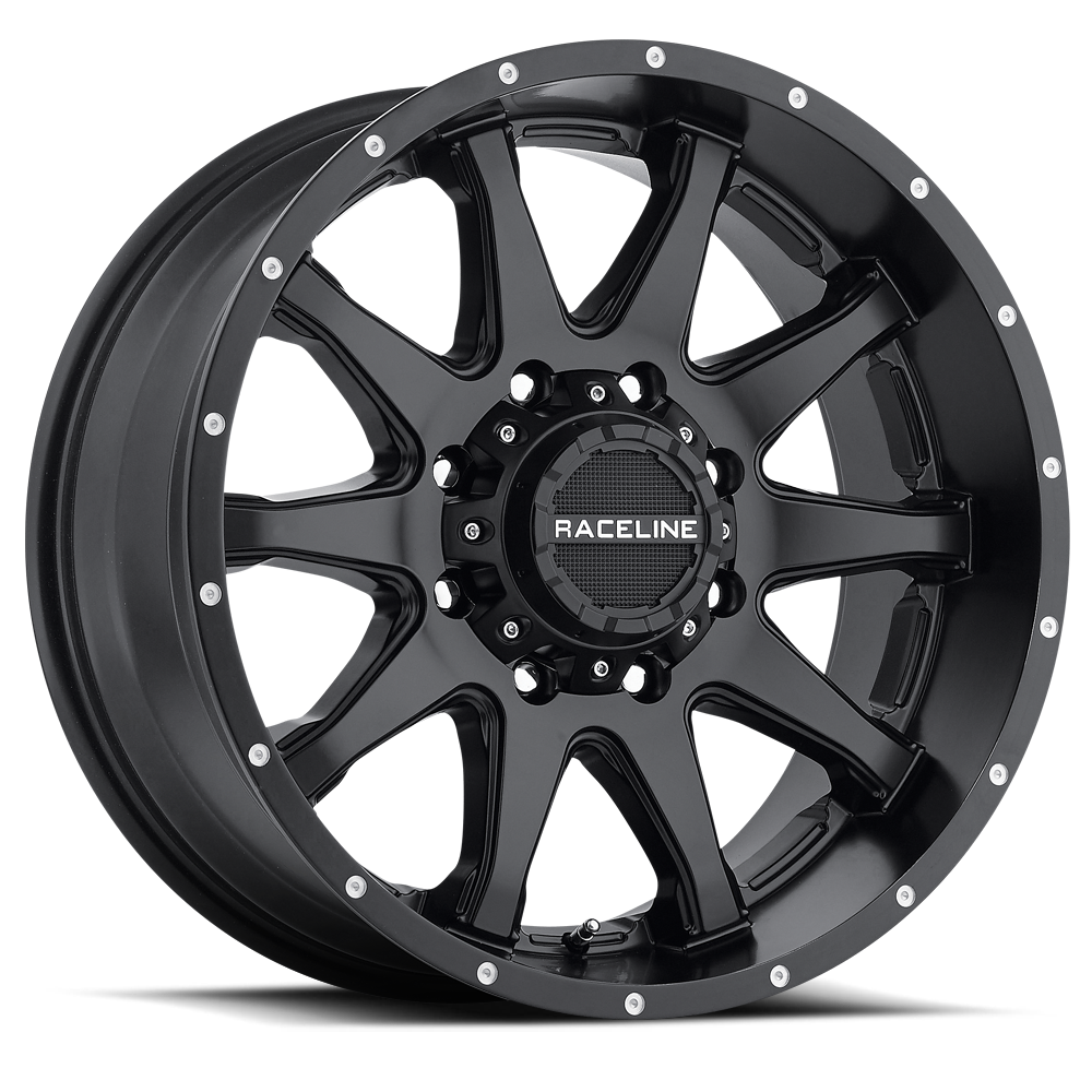 Black Raceline 930B Shift wheel with a sleek design, featuring multiple spokes and a polished center cap, ideal for offroad vehicles.