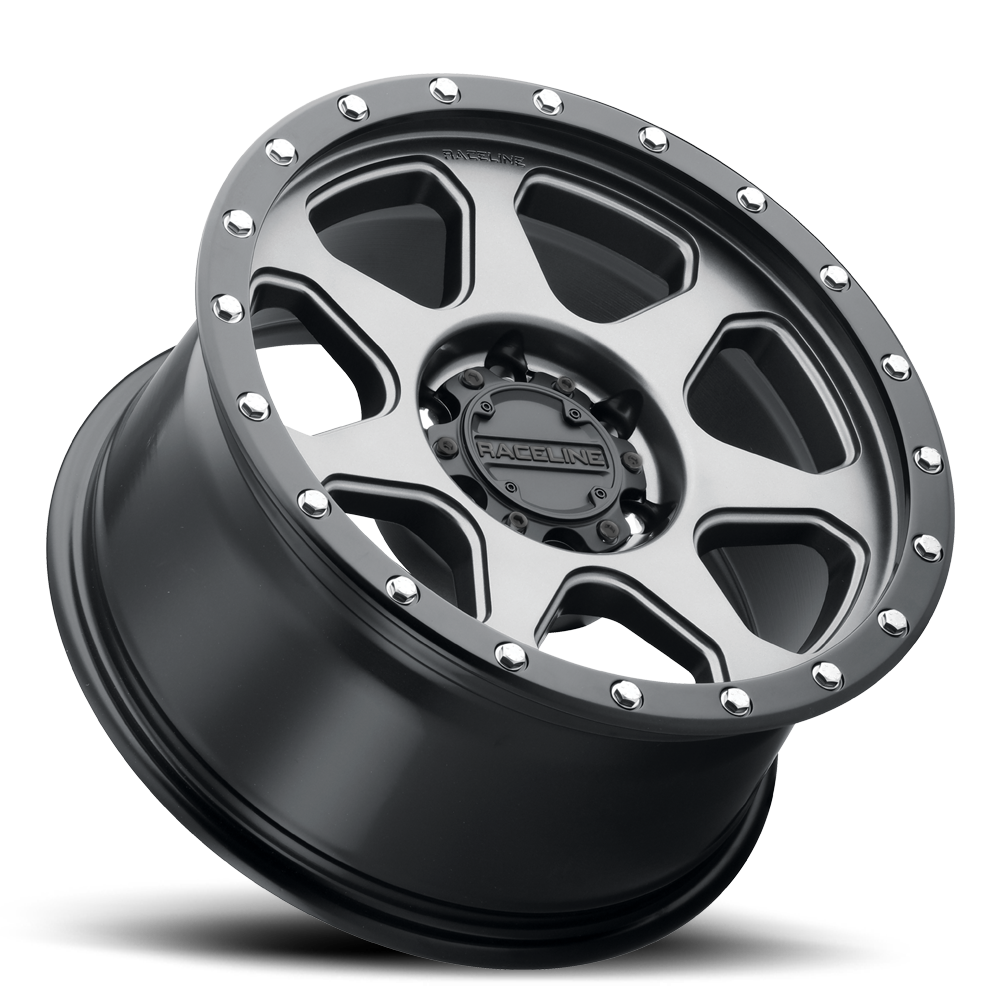Raceline 949G 7X wheel featuring a sleek design with a matte black finish and polished accents, ideal for offroad vehicles.