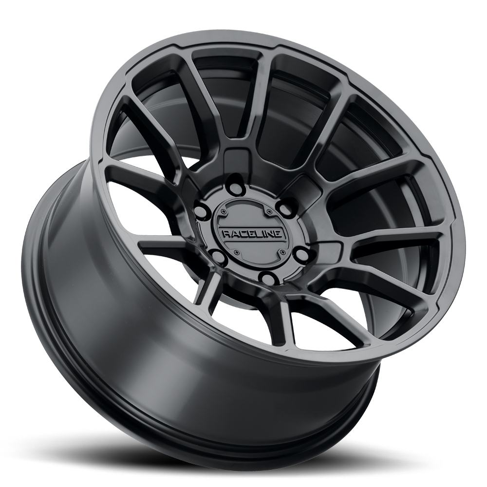 Black Raceline 950B Gauge wheel with a multi-spoke design, ideal for trucks and offroad vehicles. Durable and stylish.