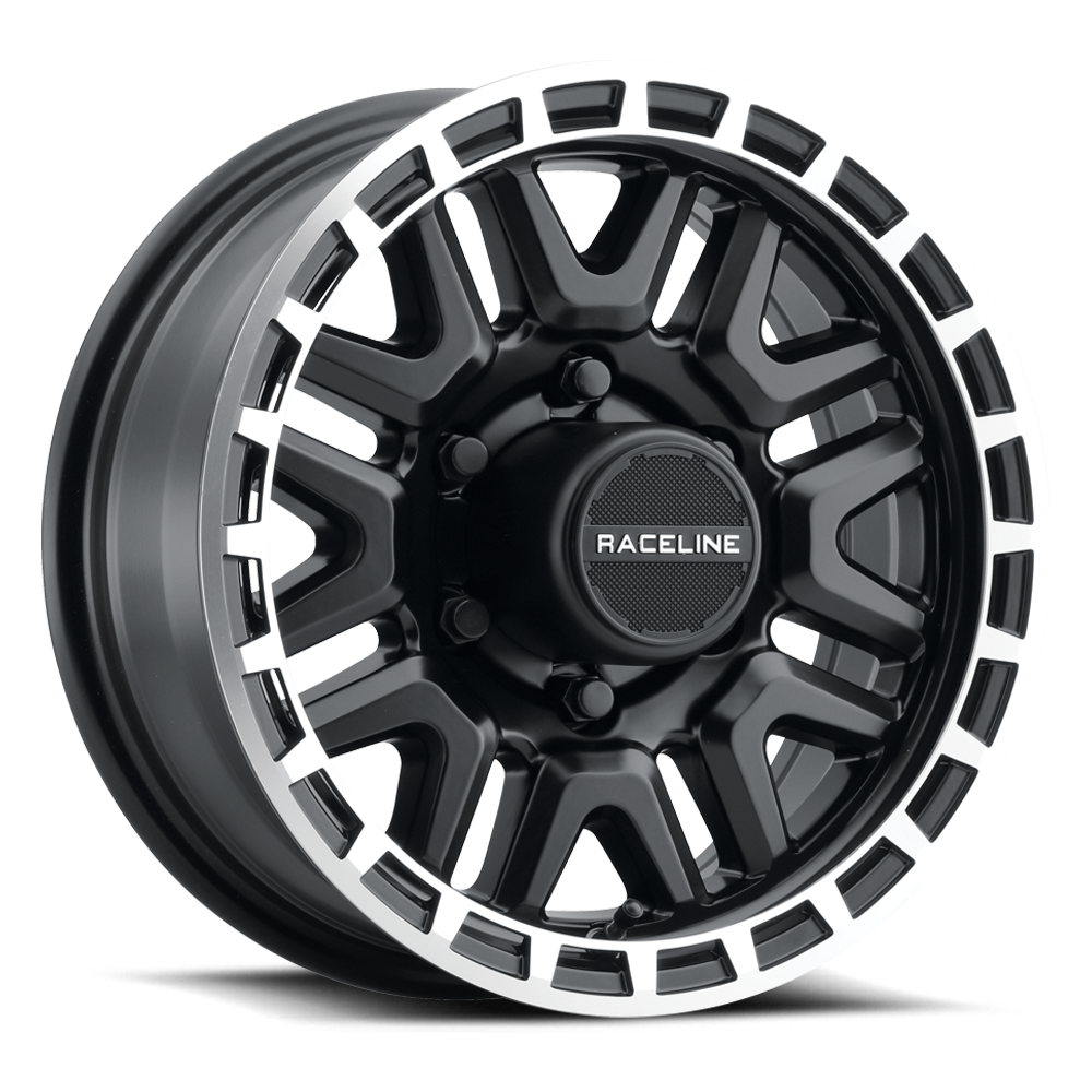 Black Raceline 953BM Krank trailer wheel featuring a bold design with a white accent on the rim edge. Ideal for offroad vehicles.