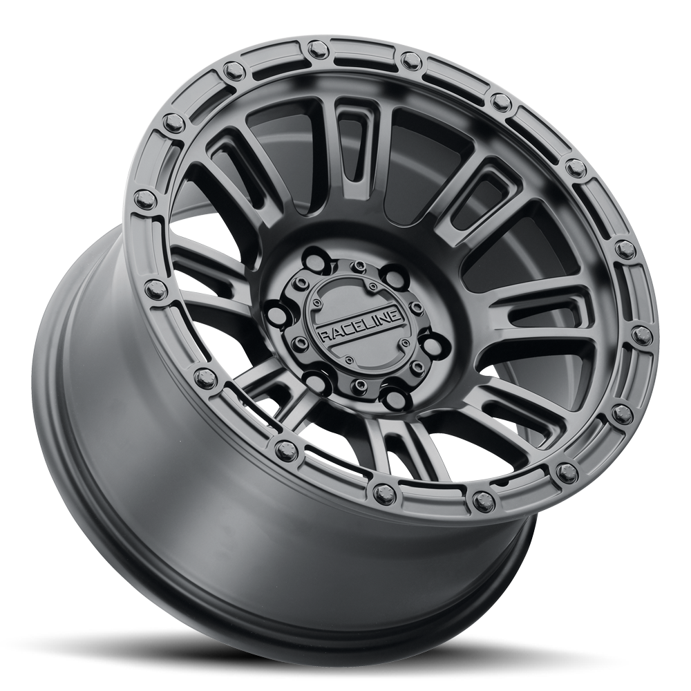 Black Raceline 956B Compass wheel featuring a multi-spoke design and beadlock accents, ideal for offroad vehicles.