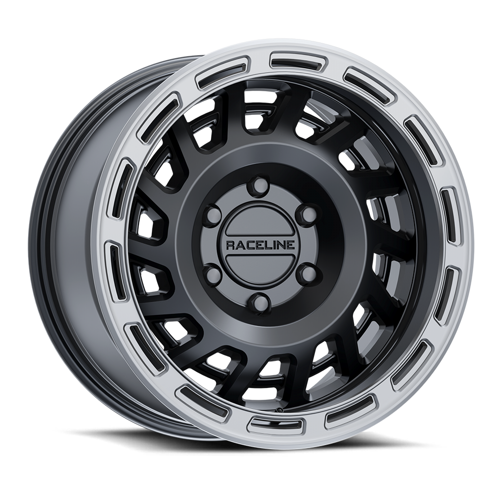 Black and silver 957BS Halo wheel by Raceline, featuring a unique design with cutouts and a polished lip, ideal for offroad vehicles.