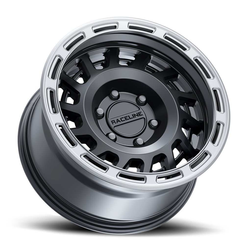 Black Raceline 957BS Halo wheel with a polished lip, designed for trucks and offroad vehicles, showcasing a rugged style.