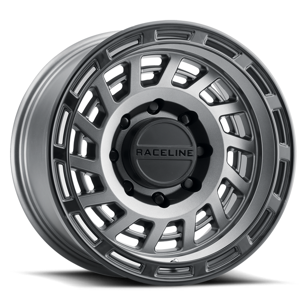 Raceline 957GB Halo wheel featuring a sleek design with a gray finish and intricate spoke pattern for offroad vehicles.