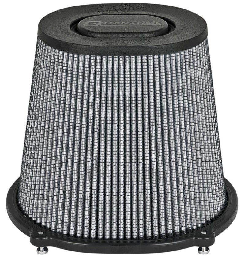 aFe Quantum Intake Pro DRY S Universal Air Filter with a conical design, measuring 5 inches in diameter and 8 inches in height.