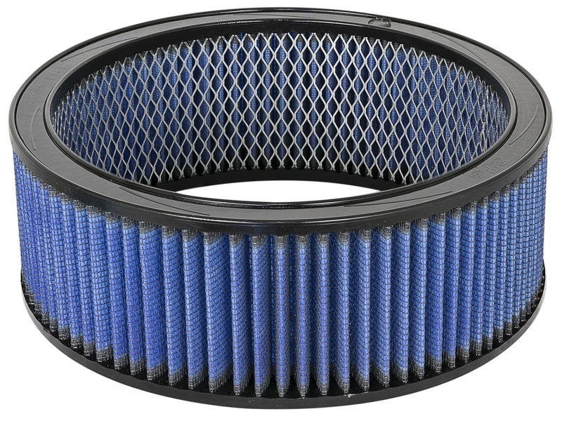 aFe MagnumFLOW Round Racing Air Filter with a blue filter element, designed for high-performance applications.