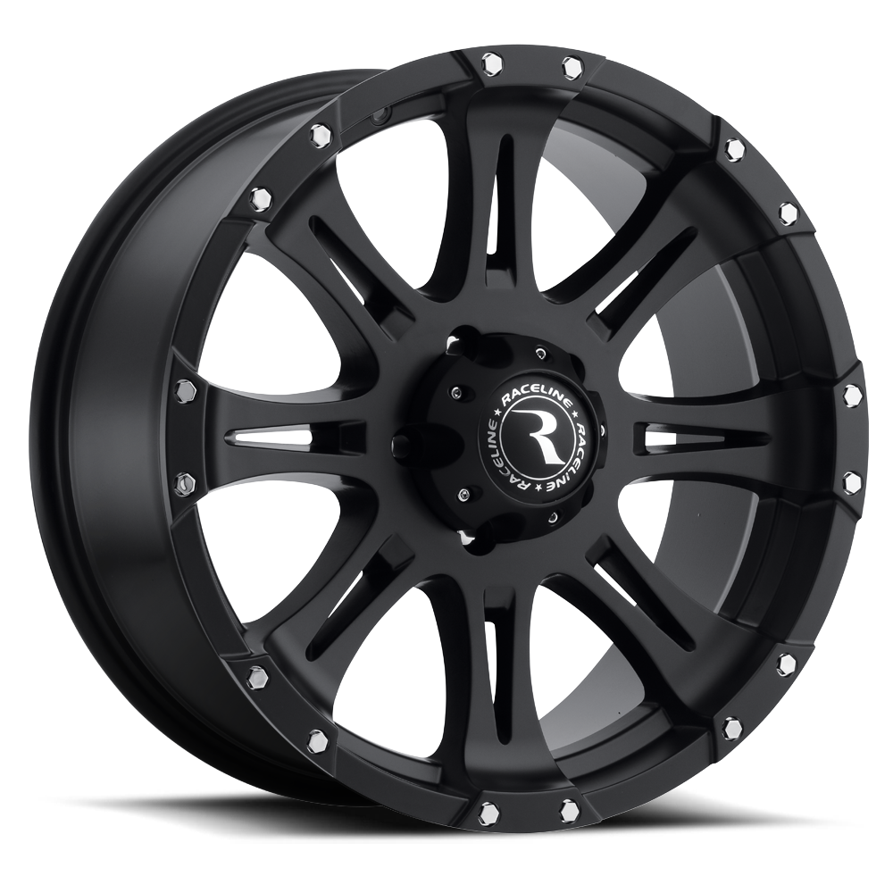 Black 981 Raptor wheel featuring a sleek design with ten spokes and a matte finish, ideal for offroad vehicles.