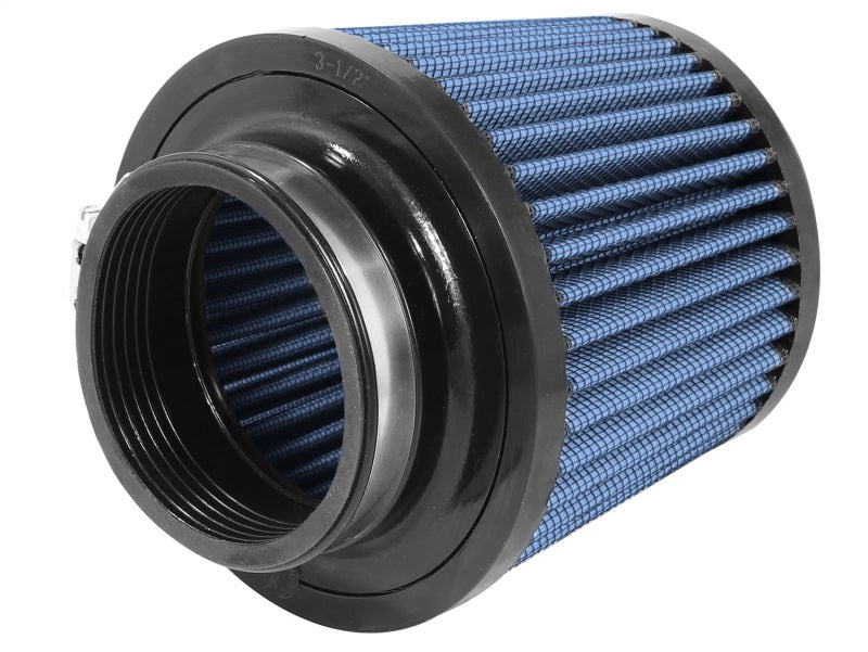 aFe MagnumFLOW Air Filter featuring a blue pleated design, designed for enhanced airflow and engine performance.