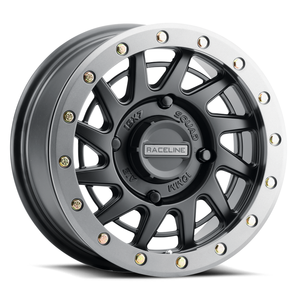 A12BG Squad Beadlock wheel featuring a black finish with silver accents and beadlock design for offroad vehicles.