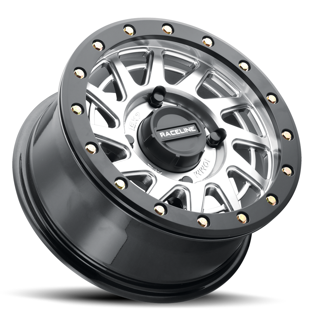 A12SB Squad Beadlock wheel featuring a sleek black finish with polished accents and gold beadlock hardware.