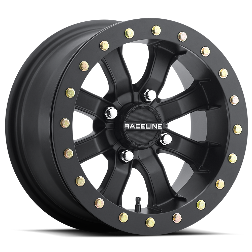 A71B Black Mamba Beadlock wheel featuring a sleek black finish and gold accents, designed for offroad performance.
