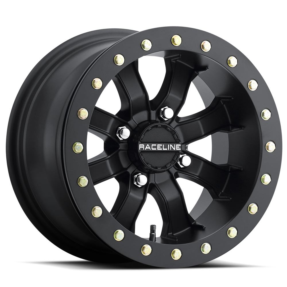 A71B Black Mamba Beadlock wheel featuring a sleek black finish and gold accent bolts for offroad vehicles.