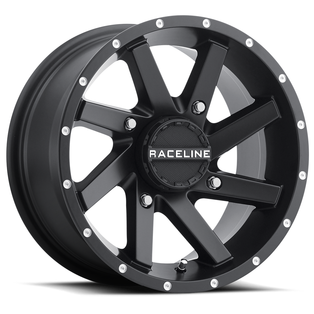A82B Twist wheel by Raceline featuring a sleek black finish and eight stylish spokes, designed for offroad vehicles.