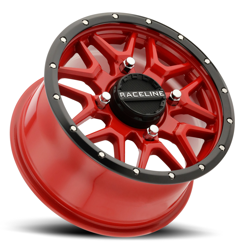 A94R Krank Simulated Beadlock wheel featuring a red finish and black accents, designed for offroad vehicles.
