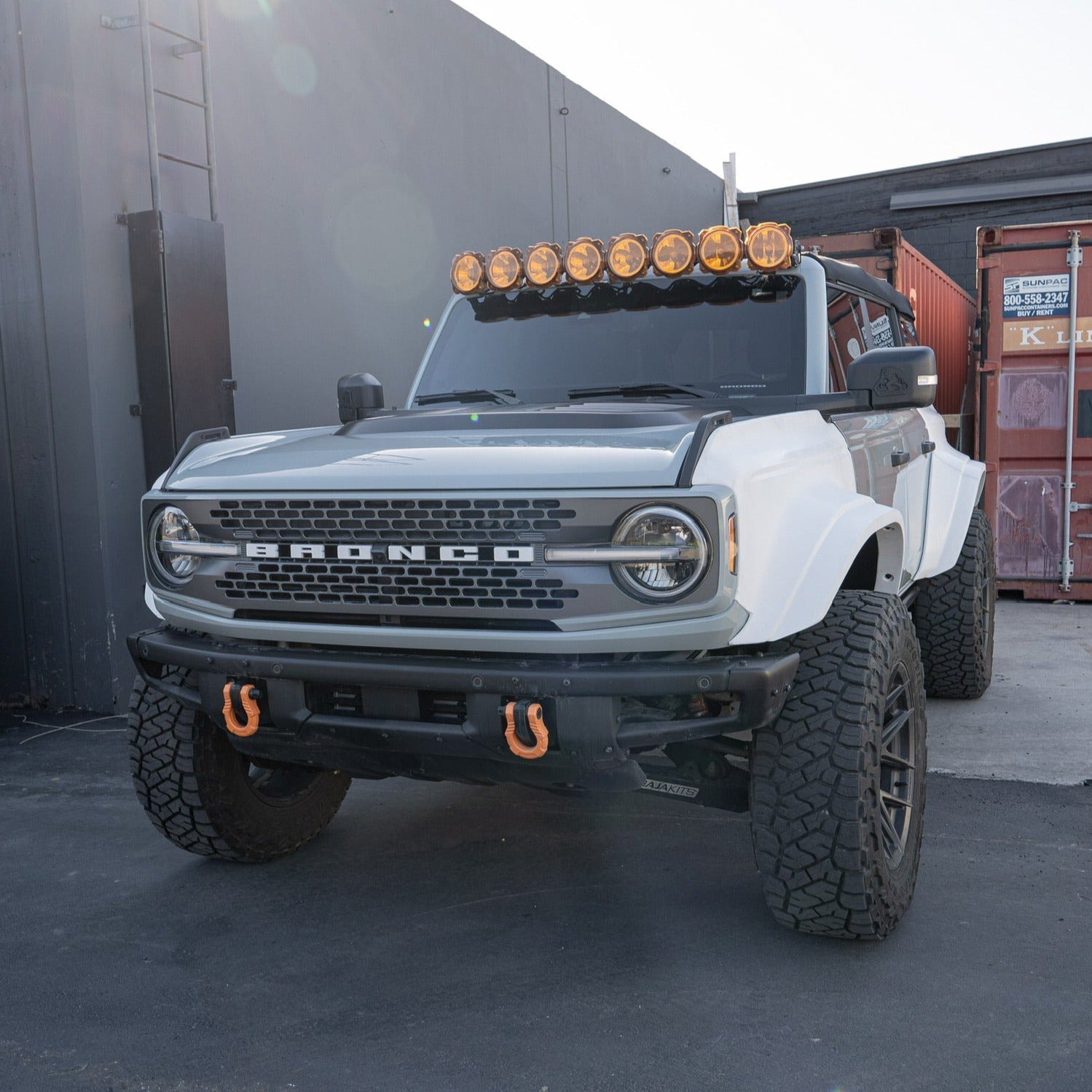 2021-2024 Ford Bronco with custom fenders and off-road lights, showcasing rugged design and enhanced performance.