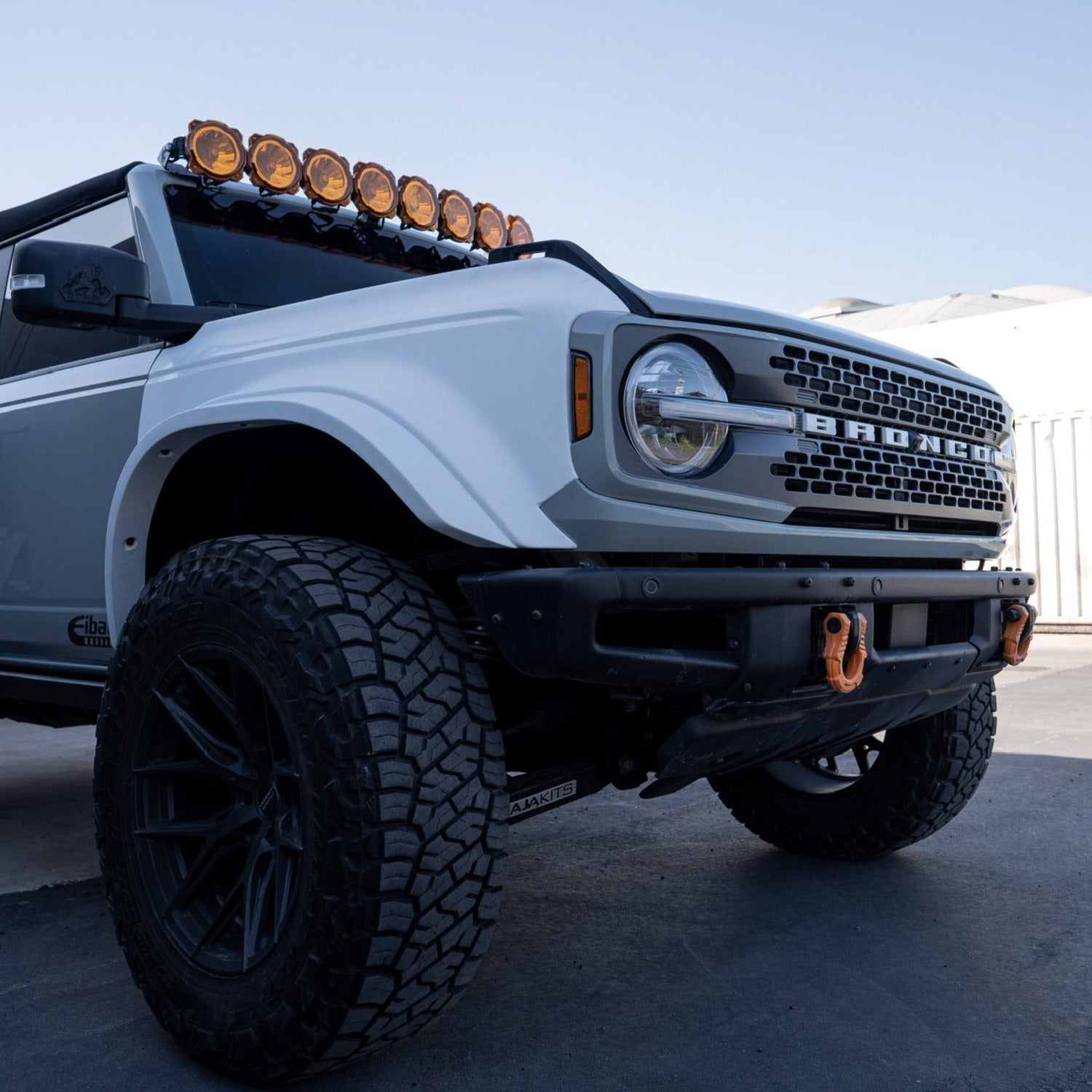 2021-2024 Ford Bronco fenders on a modified Bronco with off-road tires and a light bar, showcasing rugged design and durability.