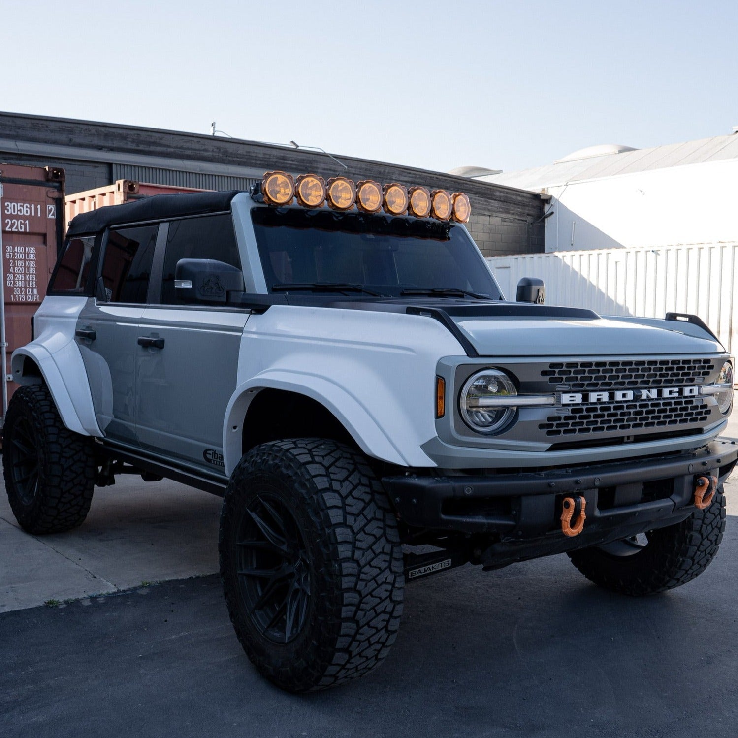 2021-2024 Ford Bronco with custom fenders and off-road lights, showcasing rugged design and enhanced performance.