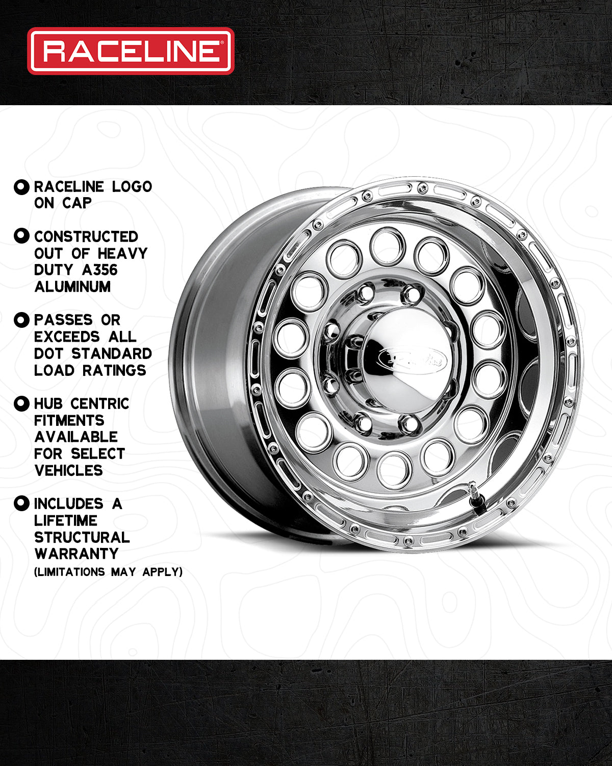 High-quality Raceline Rockcrusher wheel made from heavy-duty A356 aluminum, featuring hub-centric fitments and a lifetime warranty.
