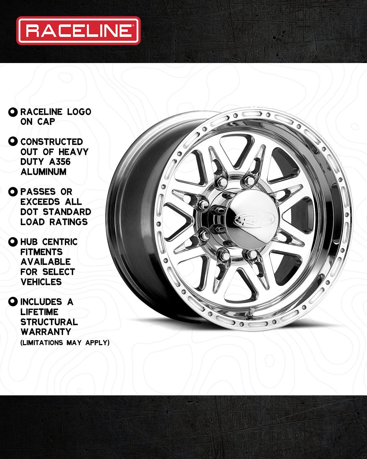 High-quality Raceline 888 Renegade wheel, made from heavy-duty A356 aluminum, featuring a polished finish and hub-centric fitments.