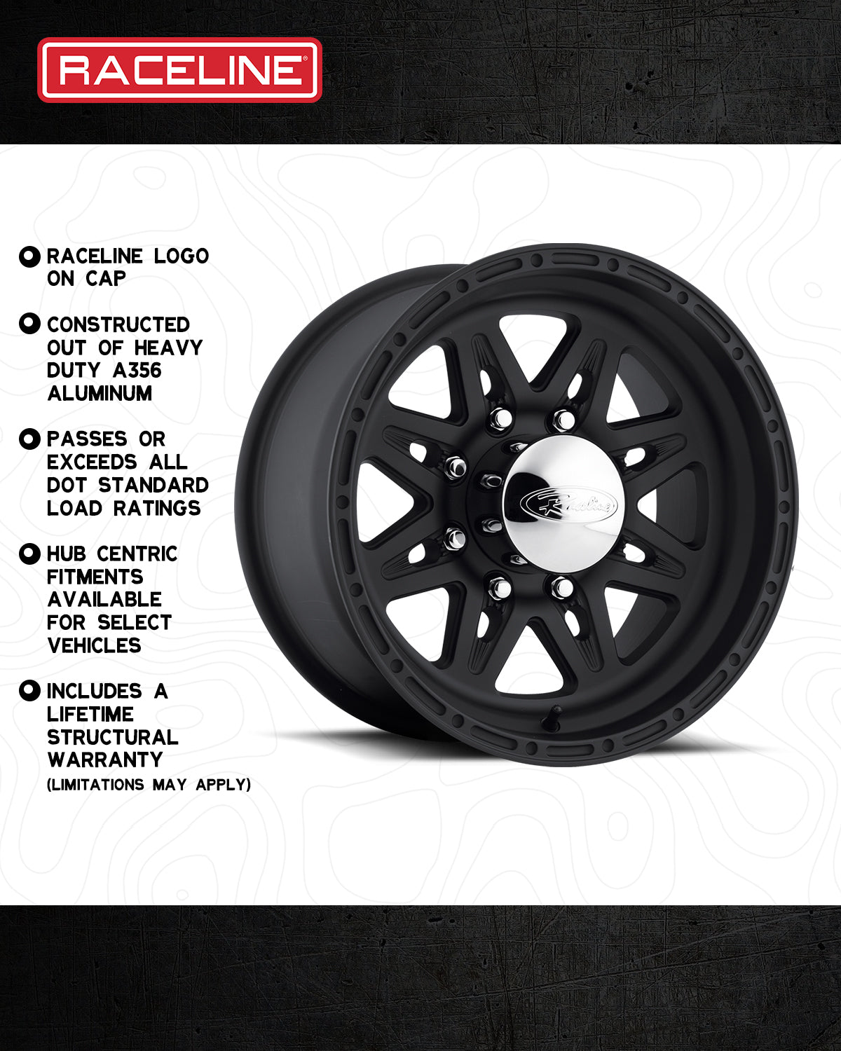 Black Raceline Renegade wheel featuring a sleek design, heavy-duty aluminum construction, and a lifetime structural warranty.
