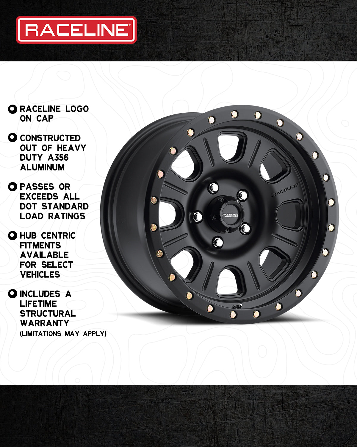 Black 928B Monster wheel with a Raceline logo, featuring heavy-duty aluminum construction and hub-centric fitments for select vehicles.