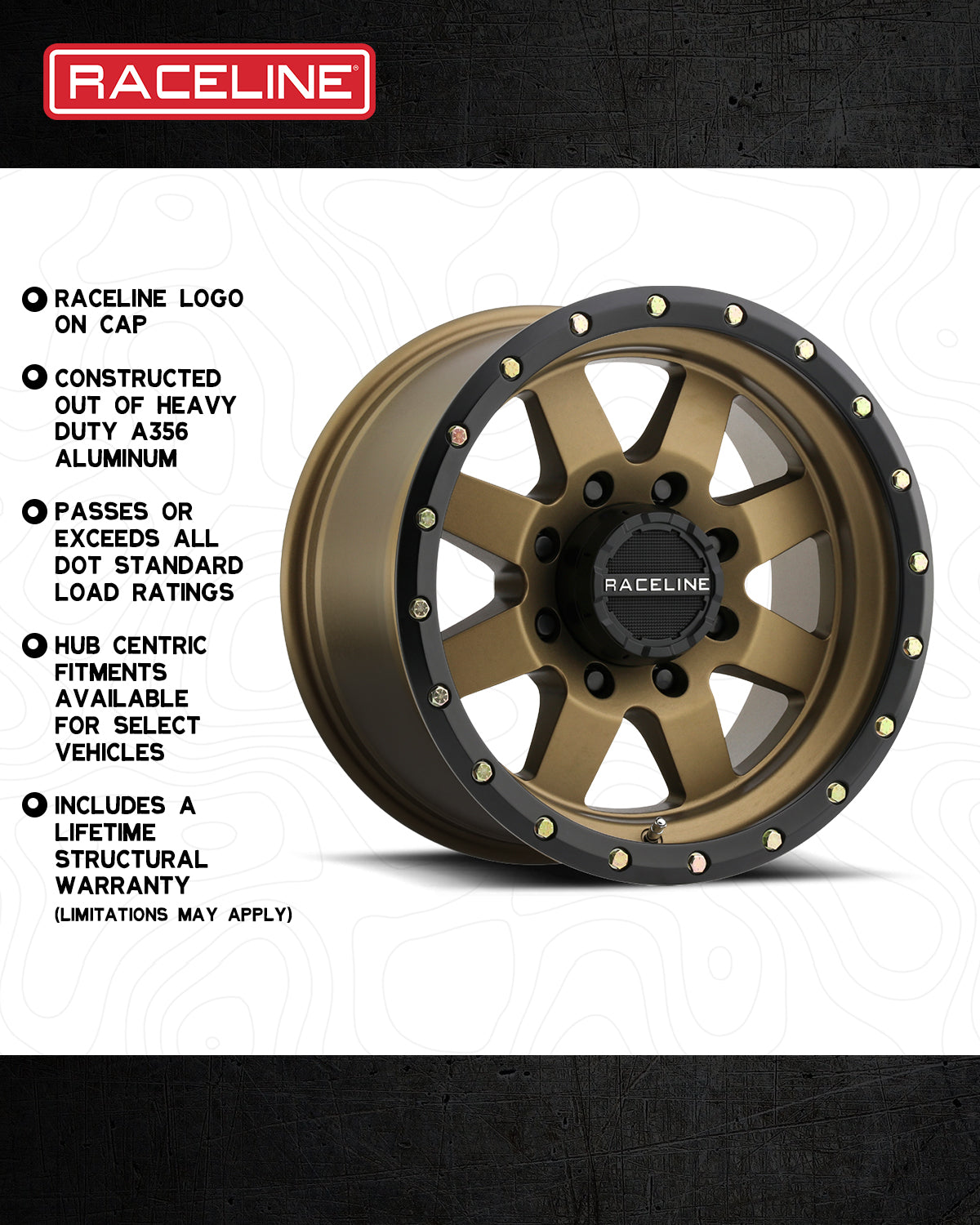 Raceline 935BZ Defender wheel featuring a bronze finish, heavy-duty aluminum construction, and hub-centric design for select vehicles.