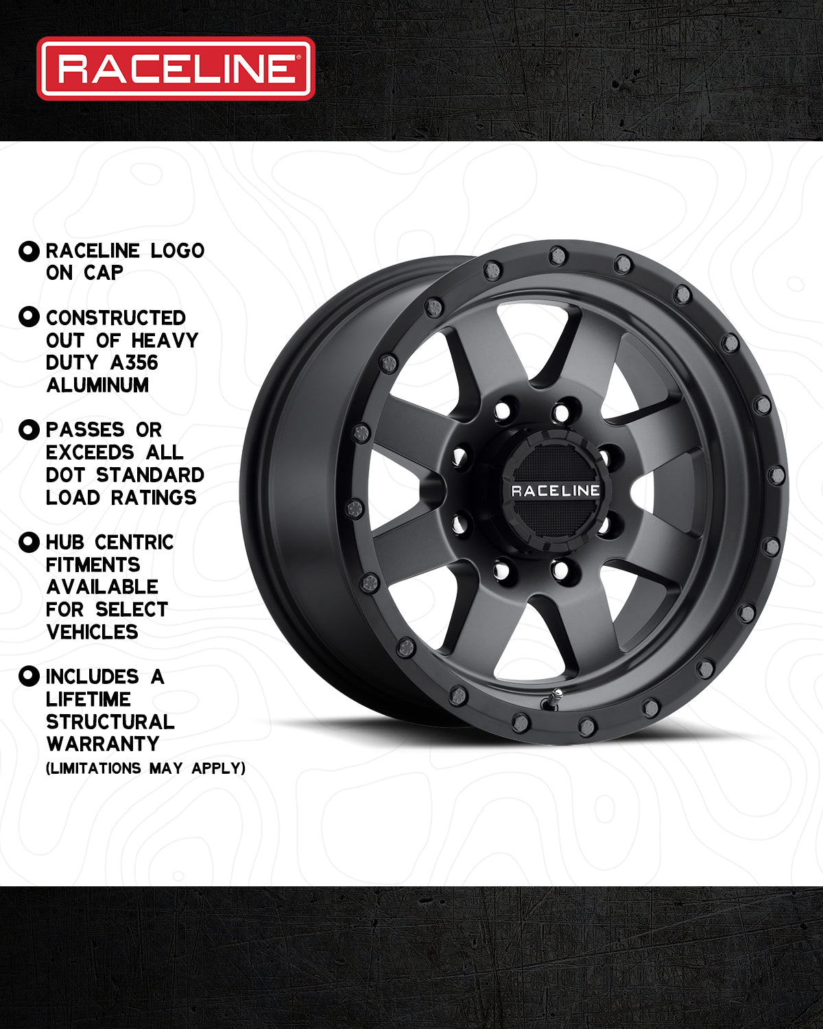 Raceline 935G Defender wheel features heavy-duty A356 aluminum construction and meets DOT load ratings for select vehicles.