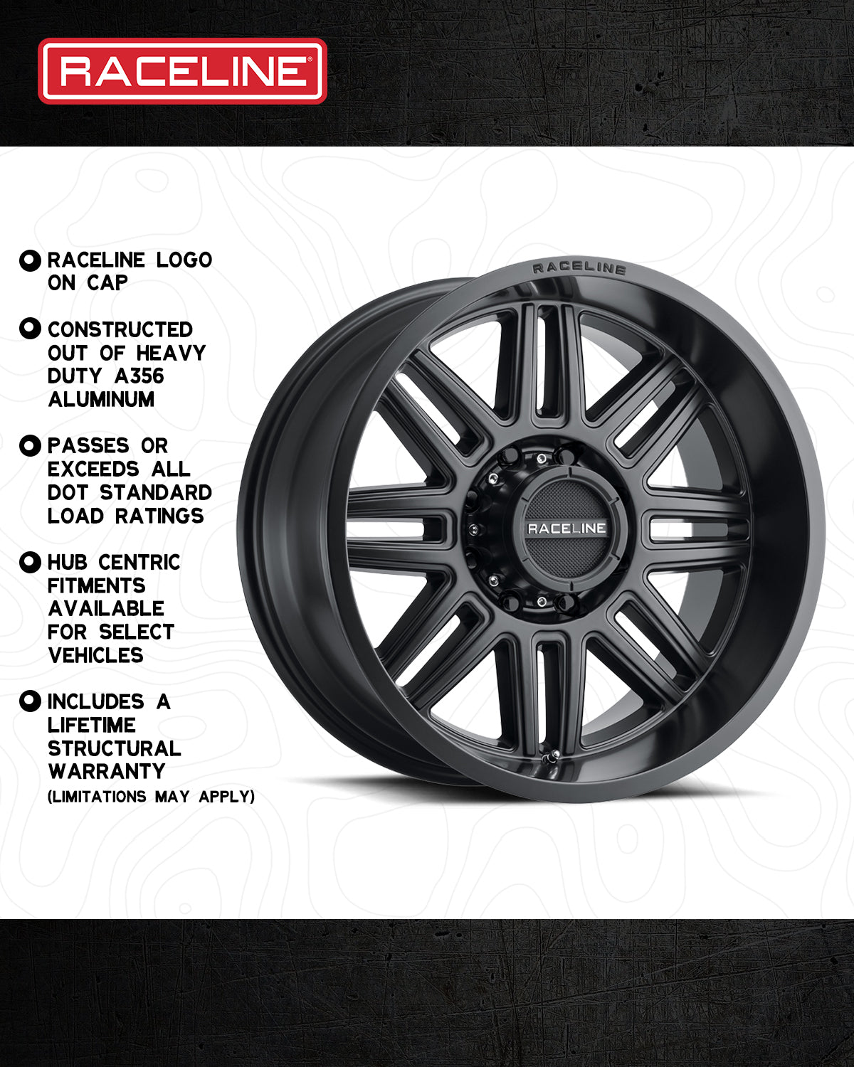 Raceline 948B Split wheel featuring heavy-duty A356 aluminum construction, hub-centric fitments, and a lifetime warranty.