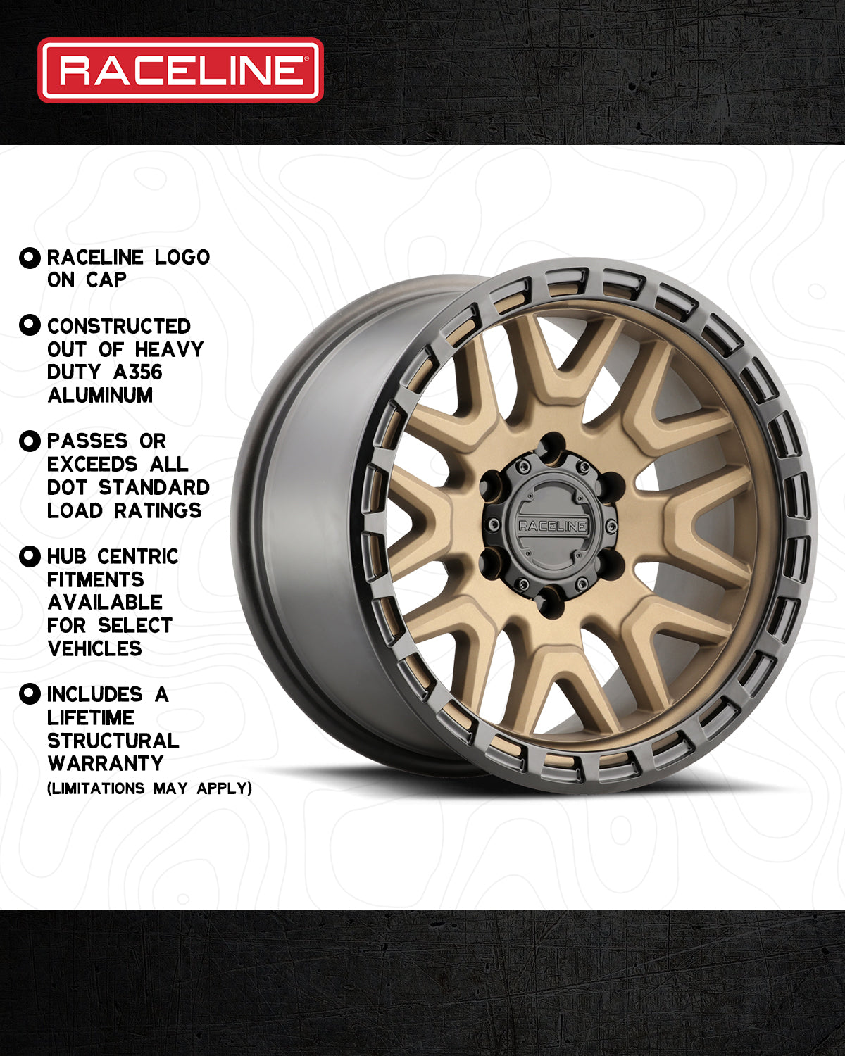 Raceline 953BZ Krank wheel featuring a bronze finish, heavy-duty aluminum construction, and hub-centric fitment for select vehicles.