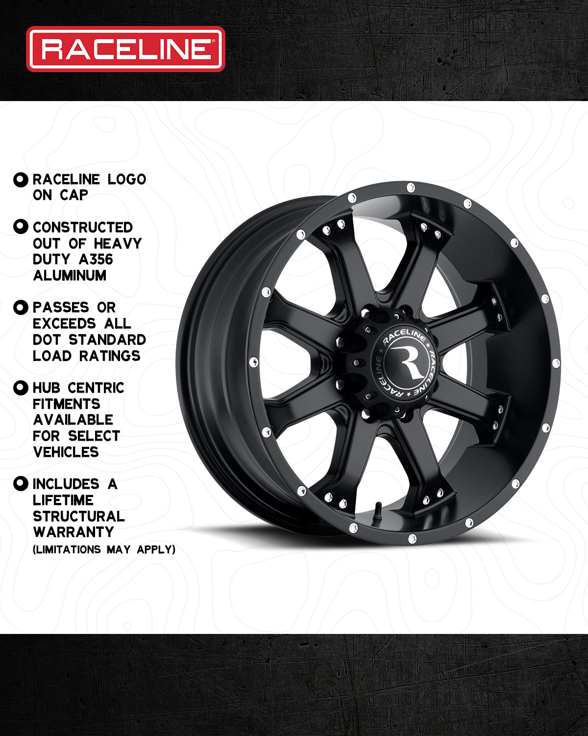 Black 991B Assault wheel by Raceline, made from heavy-duty A356 aluminum, featuring a stylish design and hub-centric fitments.