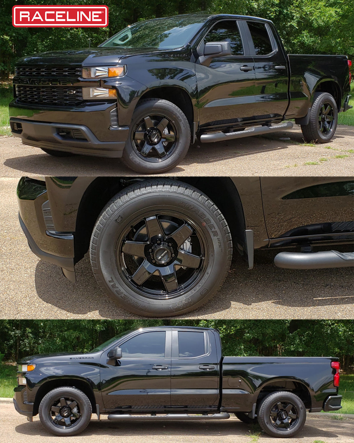 Black Chevrolet Silverado with Raceline 942B Addict wheels, showcasing a sleek design and rugged off-road capability.