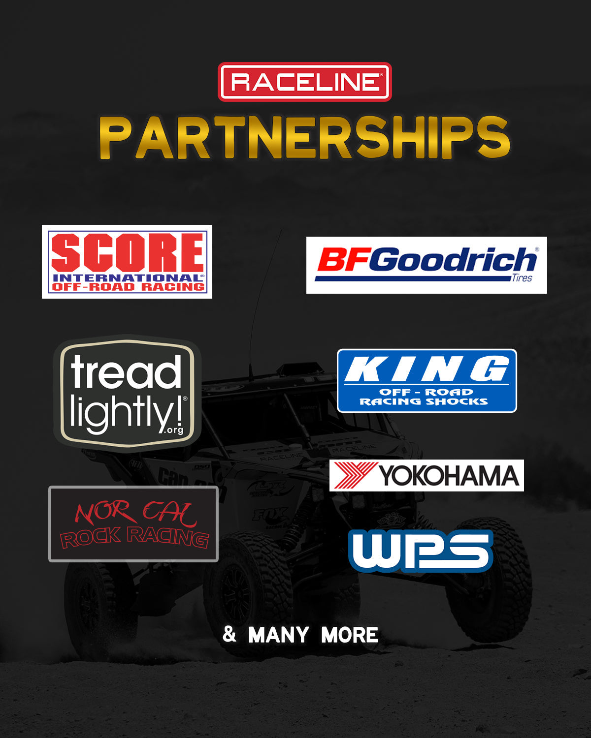 A79 Scorpion off-road vehicle showcasing partnerships with various brands like BFGoodrich and Yokohama, emphasizing racing support.