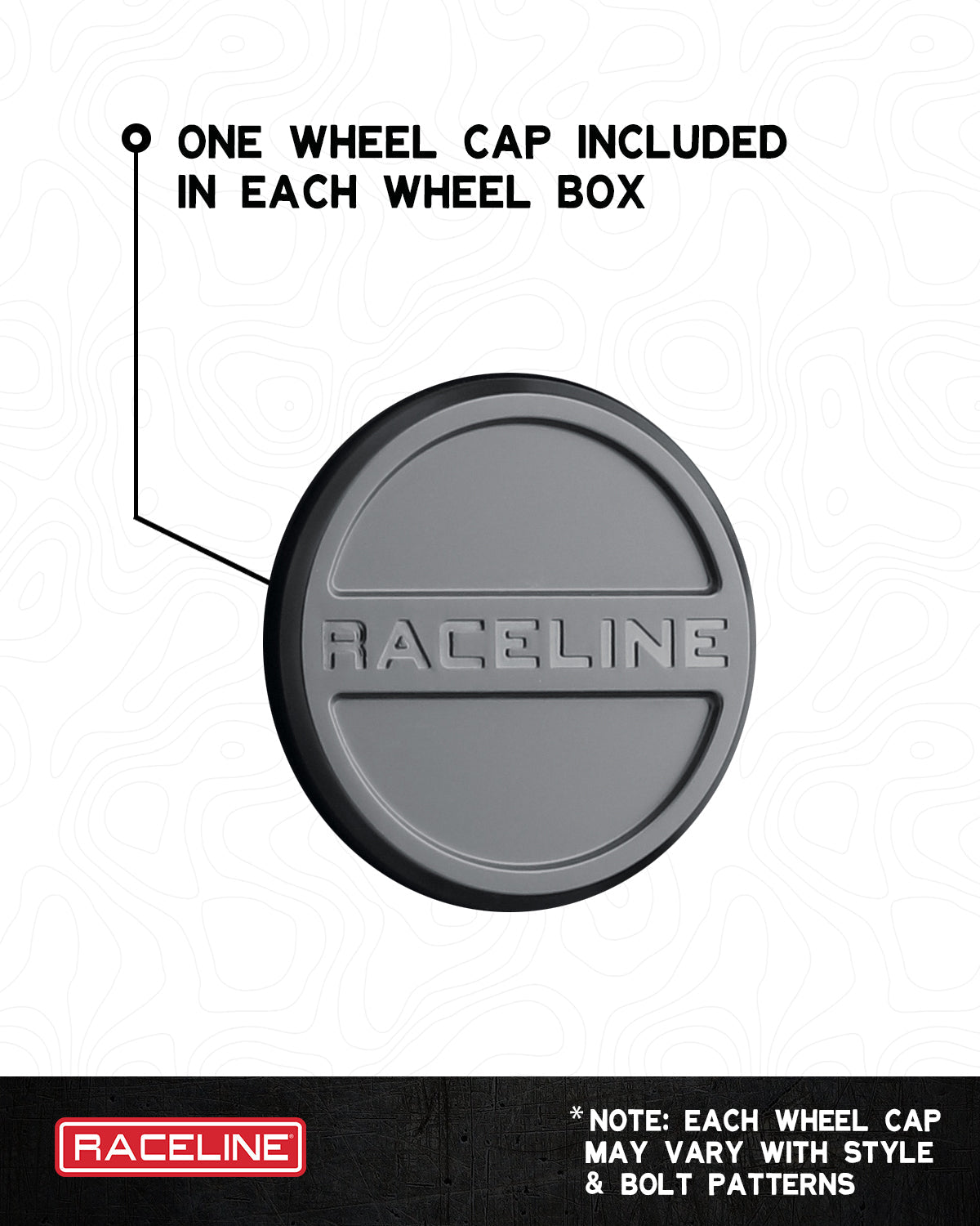 Gray wheel cap with the Raceline logo, included with each wheel box, showcasing a simple and durable design.