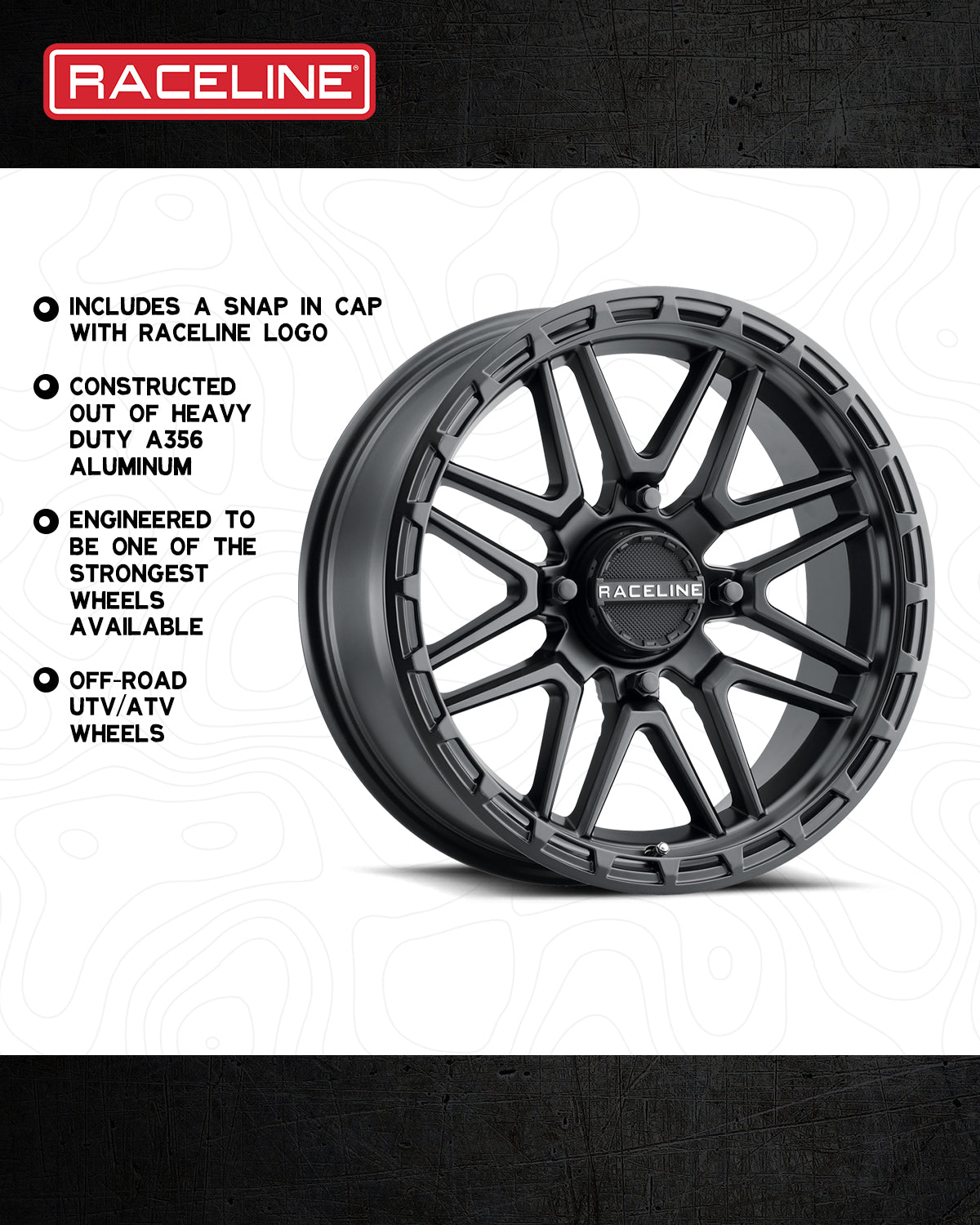 A11B Krank XL off-road wheel by Raceline, made from heavy-duty A356 aluminum, featuring a snap-in cap and strong design.
