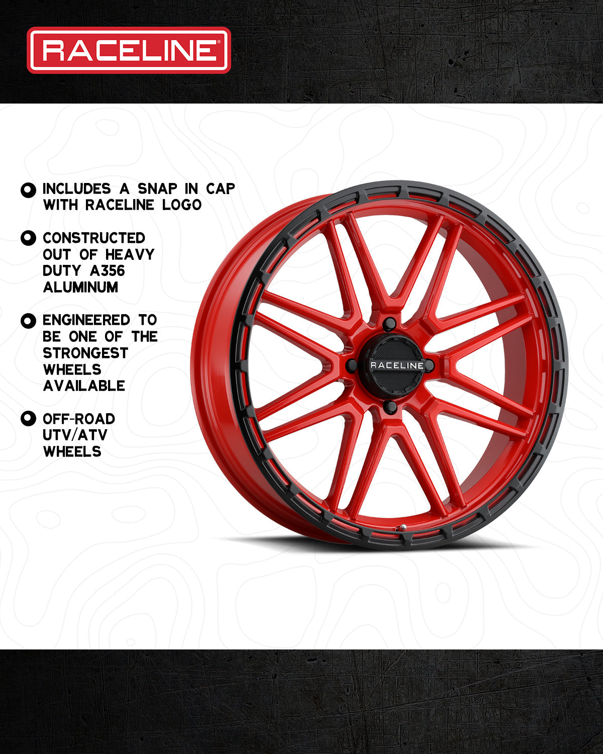 Red A11R Krank XL wheel by Raceline, made from heavy-duty A356 aluminum, designed for off-road UTV and ATV vehicles.