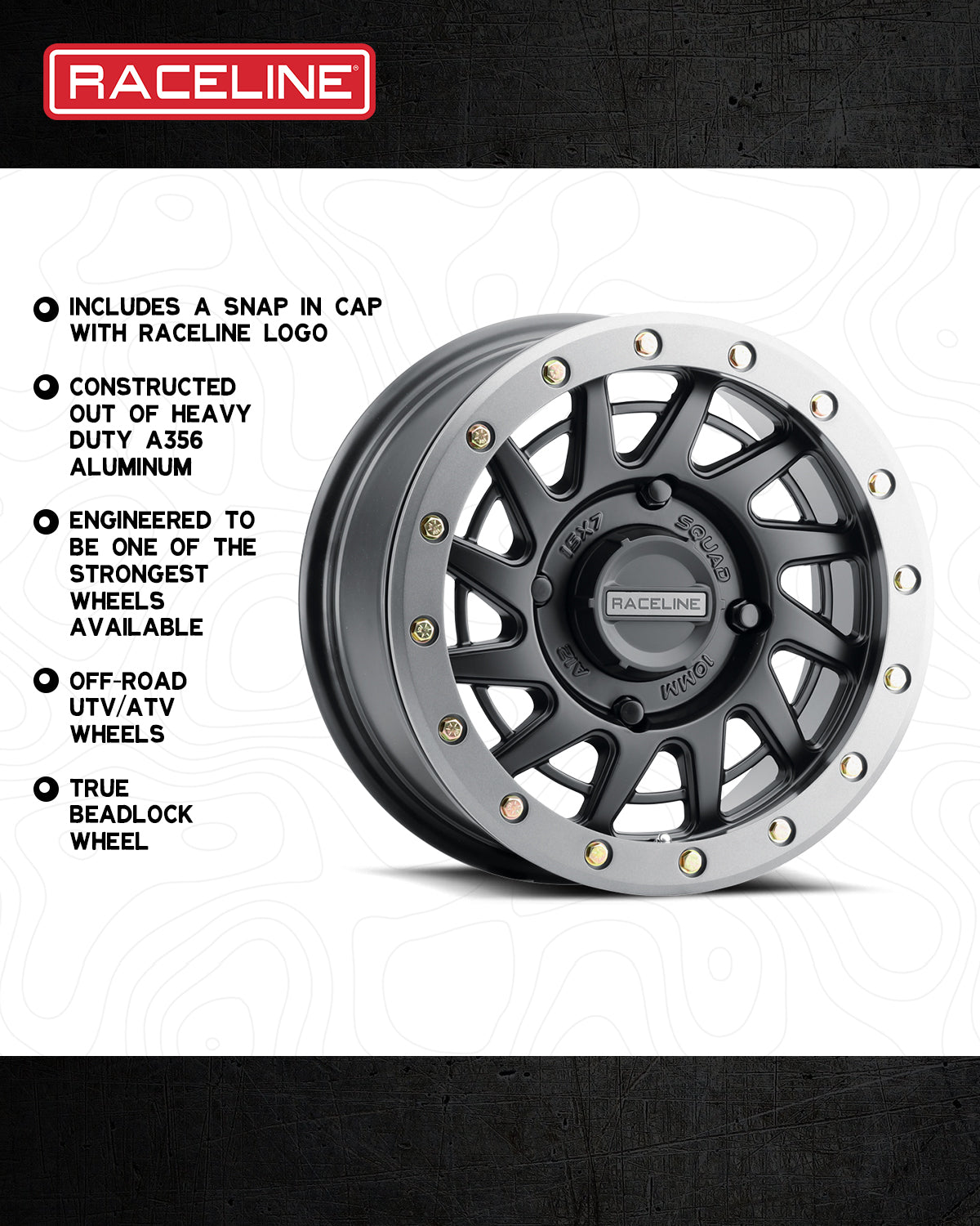 A12BG Squad Beadlock wheel featuring a heavy-duty aluminum construction, designed for off-road UTV and ATV use.