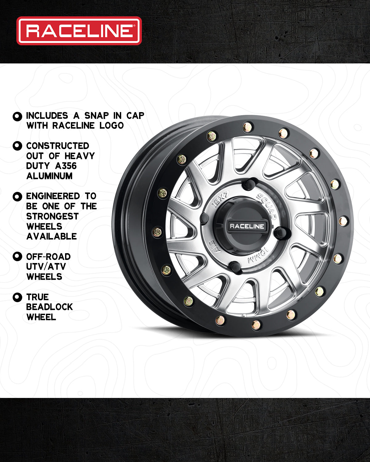 A12SB Squad Beadlock wheel featuring a heavy-duty aluminum construction, designed for off-road UTV and ATV use.