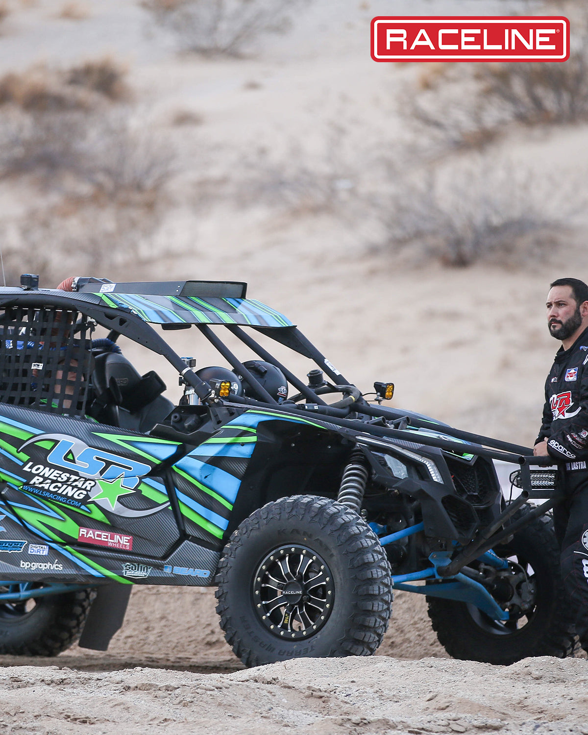 A71MB Mamba Beadlock wheel mounted on a UTV in a desert setting, showcasing rugged off-road capability and style.