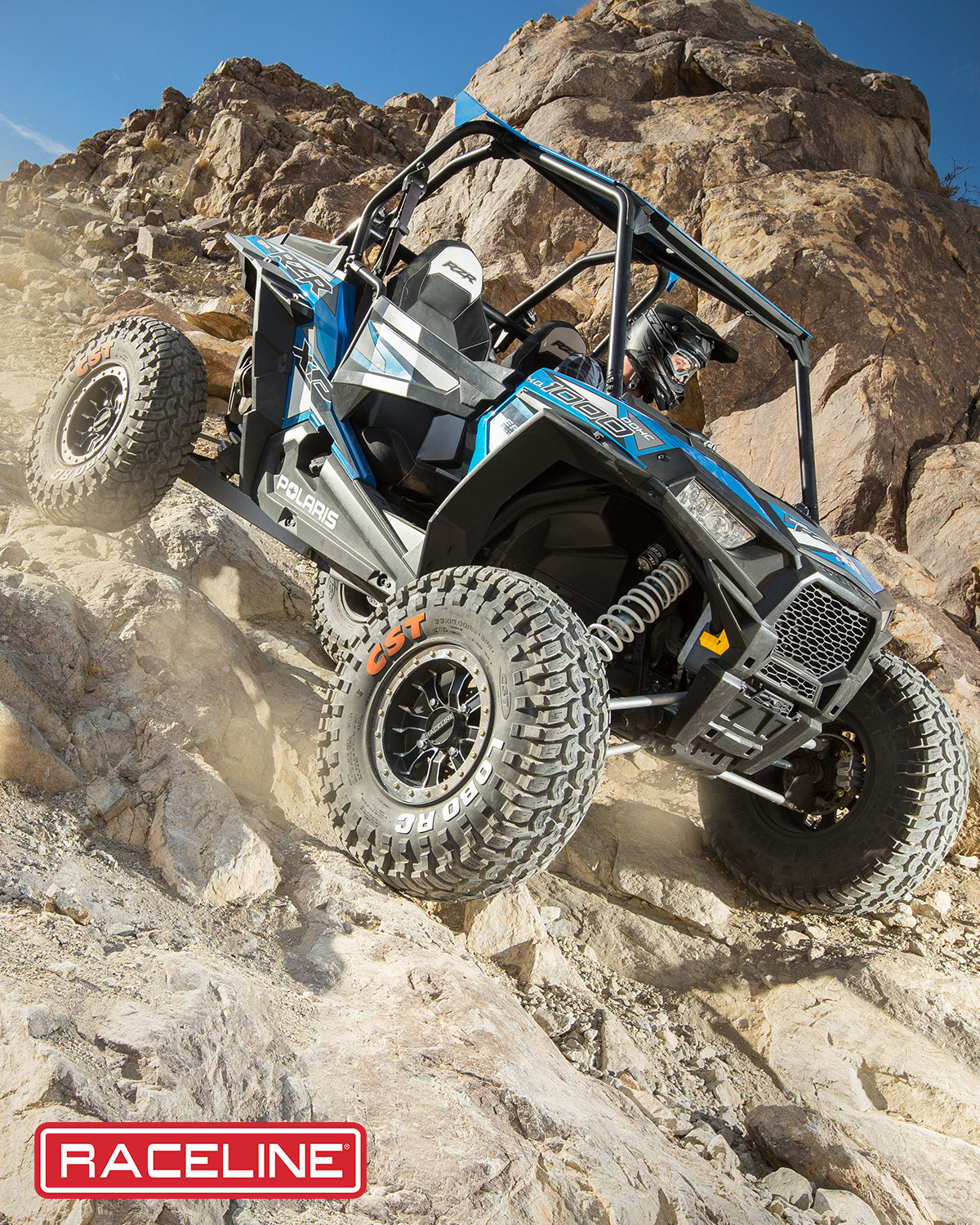 A71 Mamba Beadlock wheel mounted on a Polaris UTV climbing rocky terrain, showcasing offroad performance and durability.